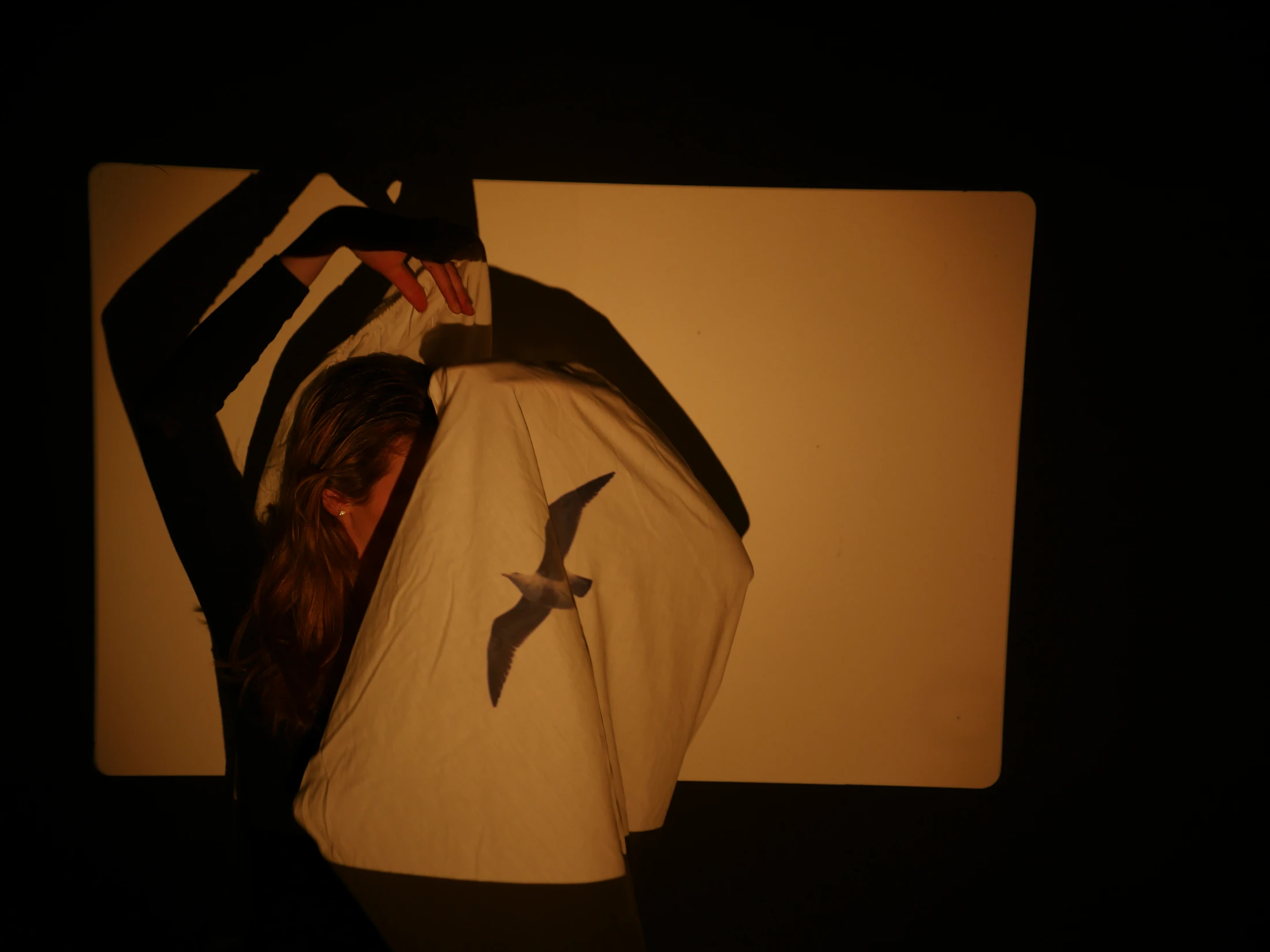 A woman bends through the shadows of a warm projected image